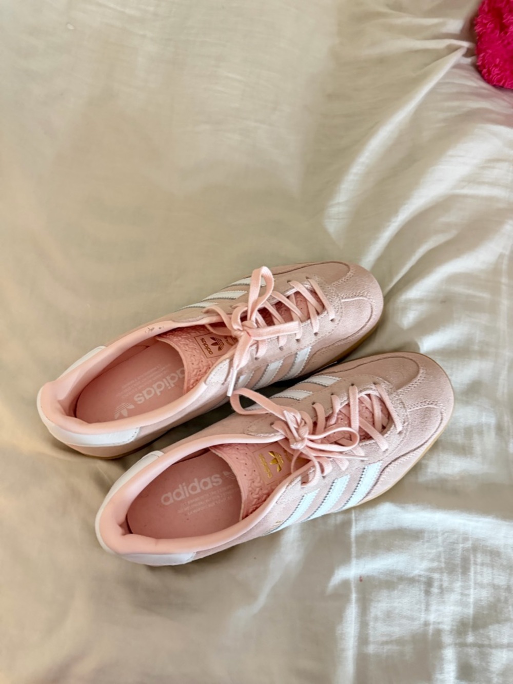 adidas Women’s Light Pink Suede Sneakers with White Stripes
